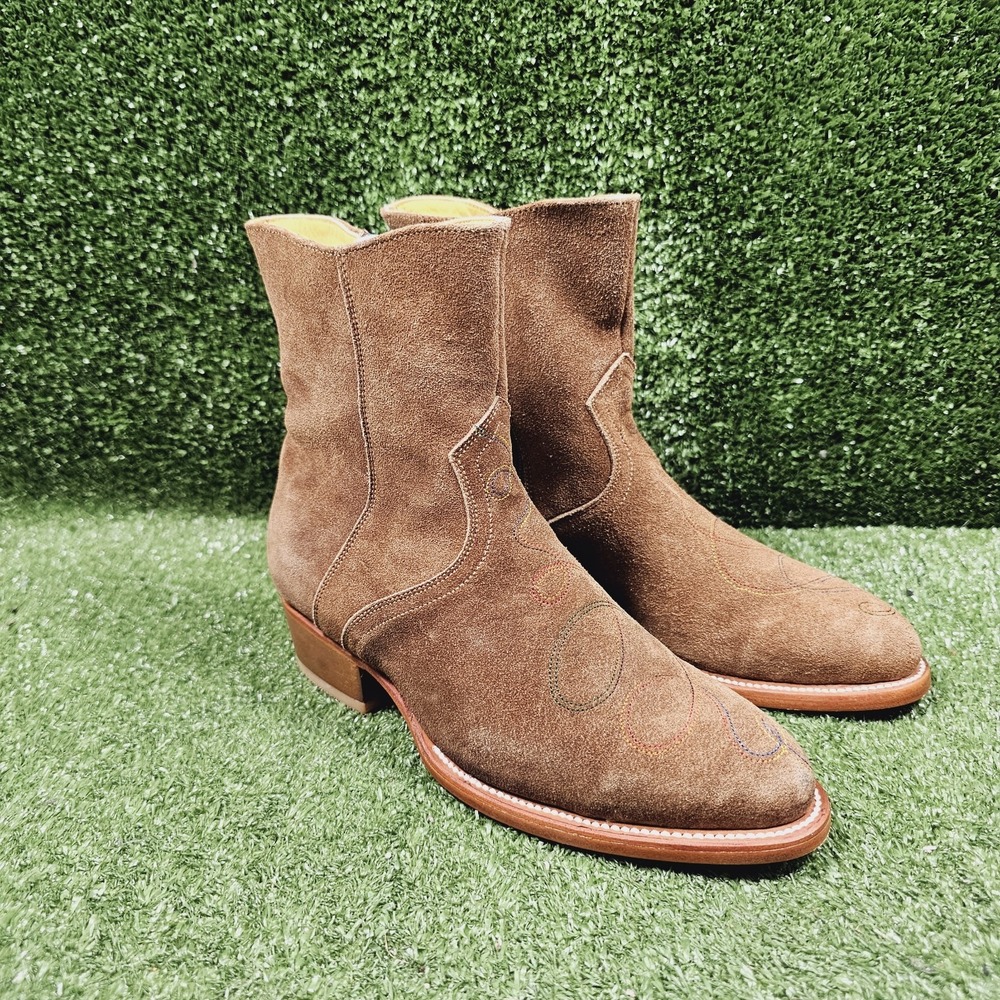 Charlotte Stone Brown Suede Western Embroidered Handmade Ankle‎ Boots Size 7